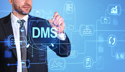 Poster - Businessman working in document management system, database and storage