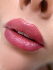 Wall Mural - permanent makeup on the lips of a young woman of a delicate peach shade close-up