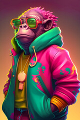 Wall Mural - monkey rapper, cartoon colorful monkey with sunglasses nft style, created with generative a
