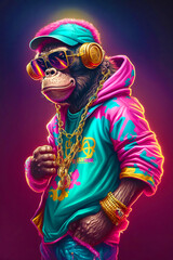 Wall Mural - monkey rapper, cartoon colorful monkey with sunglasses nft style, created with generative a