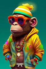 Wall Mural - Monkey rapper, cartoon colorful monkey with sunglasses nft style, Created with generative A