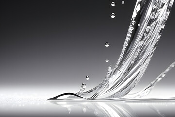 Vertical shot of water pouring into crystal glass with droplets around, on a white shiny table