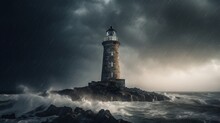  A Lighthouse In The Middle Of The Ocean Under A Cloudy Sky With Waves Crashing Against It And A Dark Sky With Clouds Above It, And A Lighthouse On Top Of Rocks.  Generative Ai