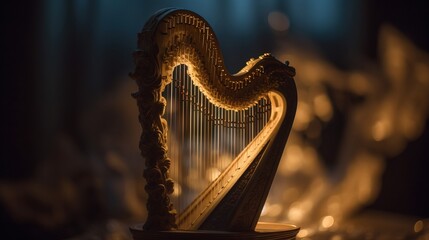  a golden harp sitting on top of a wooden table next to a fire place with a curtain in the back of the room behind it.  generative ai