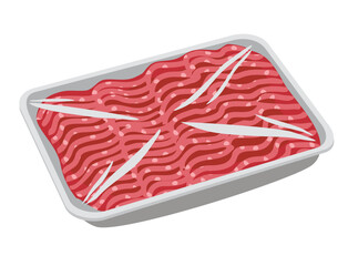 Fresh beef or pork red mince in vacuum plastic packaging. Mince meat packaging on the container. Cartoon raw chopped meat. Flat vector illustration isolated on a white background