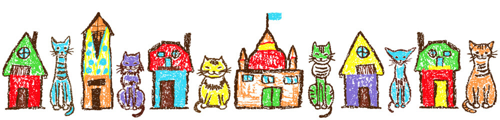 border or banner with funny colorful tabby cat set and houses. cute cartoon background. crayon child