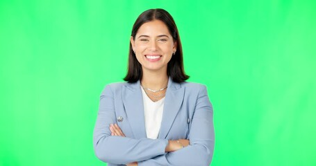 Poster - Business, happy woman and face with arms crossed on green screen background for confidence. Portrait, smile and young female model, employee and empowerment of professional worker, happiness or pride