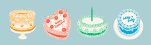 Set of Cakes with candle cherry, cream, text. Retro style. Sweet tasty food. Hand drawn trendy Vector illustration. Isolated design elements. Party, wedding, anniversary, celebration, birthday concept