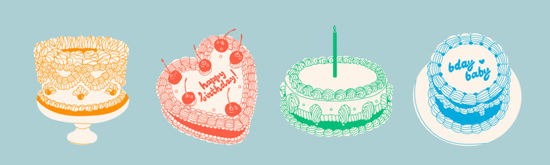 set of cakes with candle cherry, cream, text. retro style. sweet tasty food. hand drawn trendy vecto