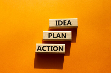 Wall Mural - Idea Plan Action symbol. Wooden blocks with words Idea Plan Action. Beautiful orange background. Business and Idea Plan Action concept. Copy space.