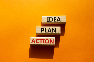 Wall Mural - Idea Plan Action symbol. Wooden blocks with words Idea Plan Action. Beautiful orange background. Business and Idea Plan Action concept. Copy space.