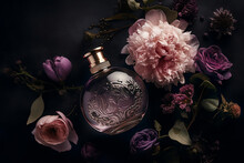 Purple Perfume Bottle With Flowers. Generative AI Illustration