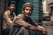 Poor workers where man sitting on the street with another poor man both arab or indian, Generative AI