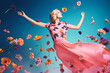 woman flower art flying beauty colorful falling fashion pink spring peony. Generative AI.