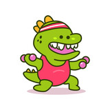 Fototapeta Dinusie - Cute dinosaur doing exercise with dumbbell vector cartoon character isolated on a white background.