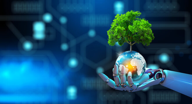Wall Mural -  - Robot hand holding Tree on crystal globe with technological convergence blue background. Green computing, csr, IT ethics, Nature technology interaction, and Environmental friendly.