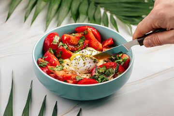 Wall Mural - Portion of hummus bowl with tomatoes and cut poached egg