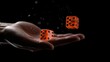 A thrilling game of chance captured in mid-air with two orange dice cubes thrown by a male hand against a black backdrop 