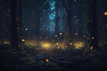 Wall Mural - Night tropical jungle with fireflies. Atmospheric fantasy forest. AI	