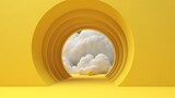 Fototapeta Perspektywa 3d - 抽象的な最小限の黄色の背景とトンネルから飛び出す白い雲GenerativeAI