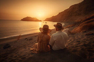 Happy Couple Enjoying Beautiful Sunset at the Beach, Santorini island, Greece, ai generative