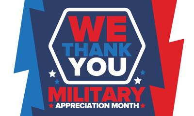 Wall Mural - National Military Appreciation Month in May. Annual Armed Forces Celebration Month in United States. Patriotic american elements. Poster, card, banner and background. Vector illustration