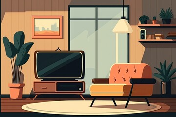 Sticker - Cozy Living Room with a Comfortable Couch, Chair and Television. Generative AI