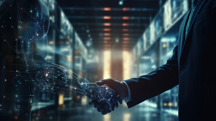 shaking hands with the future: human and ai collaboration. man and robot on background of huge data 