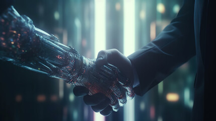 shaking hands with the future: human and ai collaboration. man and robot on background of huge data 