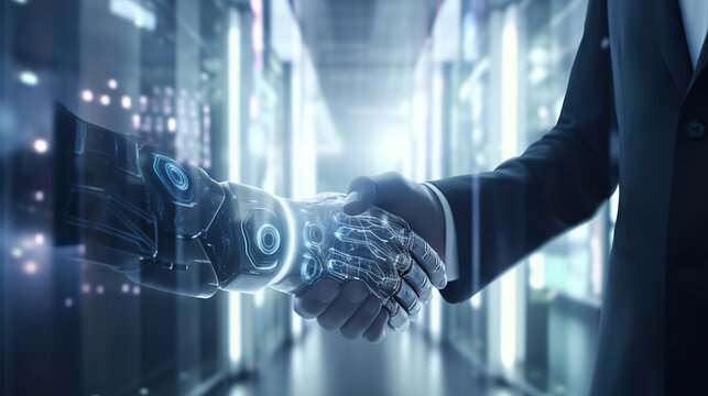 Shaking hands with the future: human and AI collaboration. Man and robot on background of huge data center. Based on Generative AI