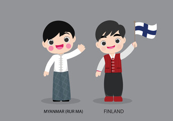 Wall Mural - Finland peopel in national dress. Set of Myanmar man dressed in national clothes. Vector flat illustration.