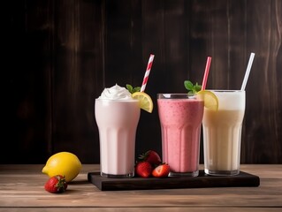 Wall Mural - Milk shakes with strawberries and lemon on wooden background. Selective focus.