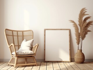 interior with wicker chair and wooden frame, 3d render.