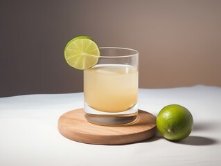 Wall Mural - Glass of tequila with lime on a wooden stand on a white background.