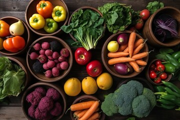 fruits and vegetable laid out on a table , generative ai