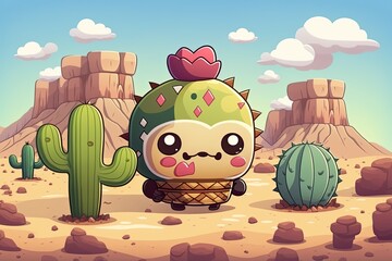 Wall Mural - cartoon character holding a cactus in a hot and dry desert landscape. Generative AI