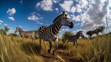 Zebra Family Walking Through The Grassland