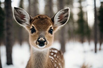 Poster - young deer standing in a snowy landscape. Generative AI