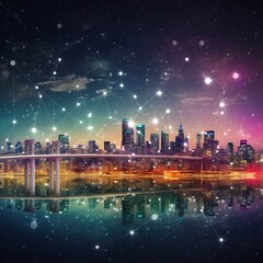Poster - Smart city and abstract dot point connect with gradient line and aesthetic Intricate wave line design, big data connection technology concept. generative ai