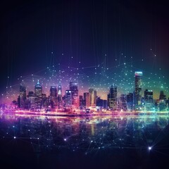 Poster - Smart city and abstract dot point connect with gradient line and aesthetic Intricate wave line design , big data connection technology concept. generative ai