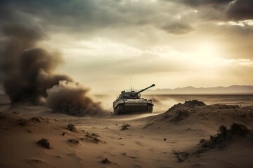 Armored tank advances fearlessly through perilous minefield amidst war invasion, with backdrop of blazing fire, swirling smoke, and desolate desert. generative ai