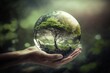 Hand holding glass globe ball with tree growing and green nature blur background. eco concept. Generative Ai