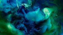 Green Blue Contrast Liquid Art Background. Paint Ink Explosion, Abstract Clouds Of Smoke Mock-up, Watercolor Underwater