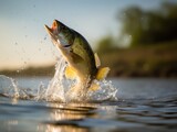 Fototapeta Koty - Fishing trophy - big freshwater perch in water on green background.