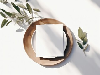 Wall Mural - Blank paper card mockup on wooden plate with olive branch shadow on white background.