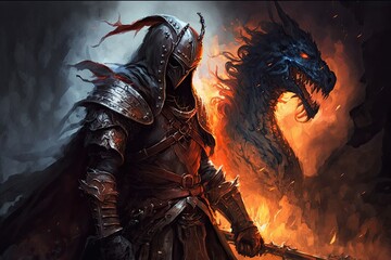 Wall Mural - warrior battling a fierce dragon with a sword in hand. Generative AI