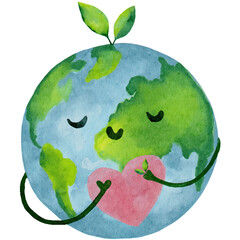 Earth Day, Watercolor paint International Mother Earth Day with Tree on Smile Globe hugging Pink Heart, Illustration Environmental problem, Environmental protection and Caring for Nature concept