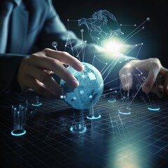 Poster - Future high technologies, hand holding a globe and communication concept. generative ai