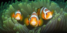 A Green Anemone With Three Orange Nemo Clownfish. Generative AI