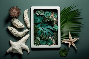 Poster - digital tablet on a green table. generative ai